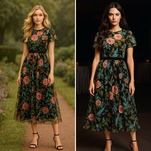 Mac Duggal Floral Illusion Cap Sleeve Midi Dress Black Multi Sheer NWT Size 12